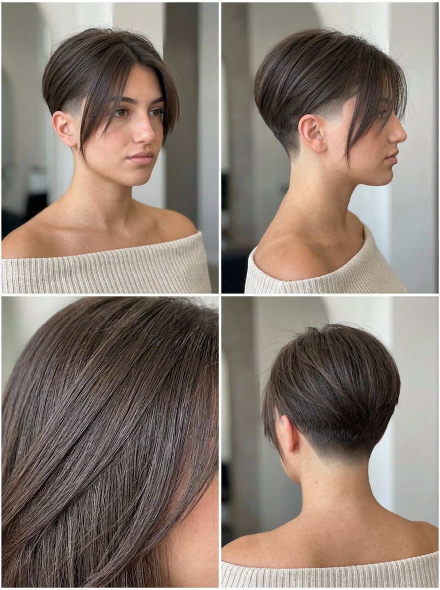 medium dark brown fade haircut with textured top and razored face-framing for edge