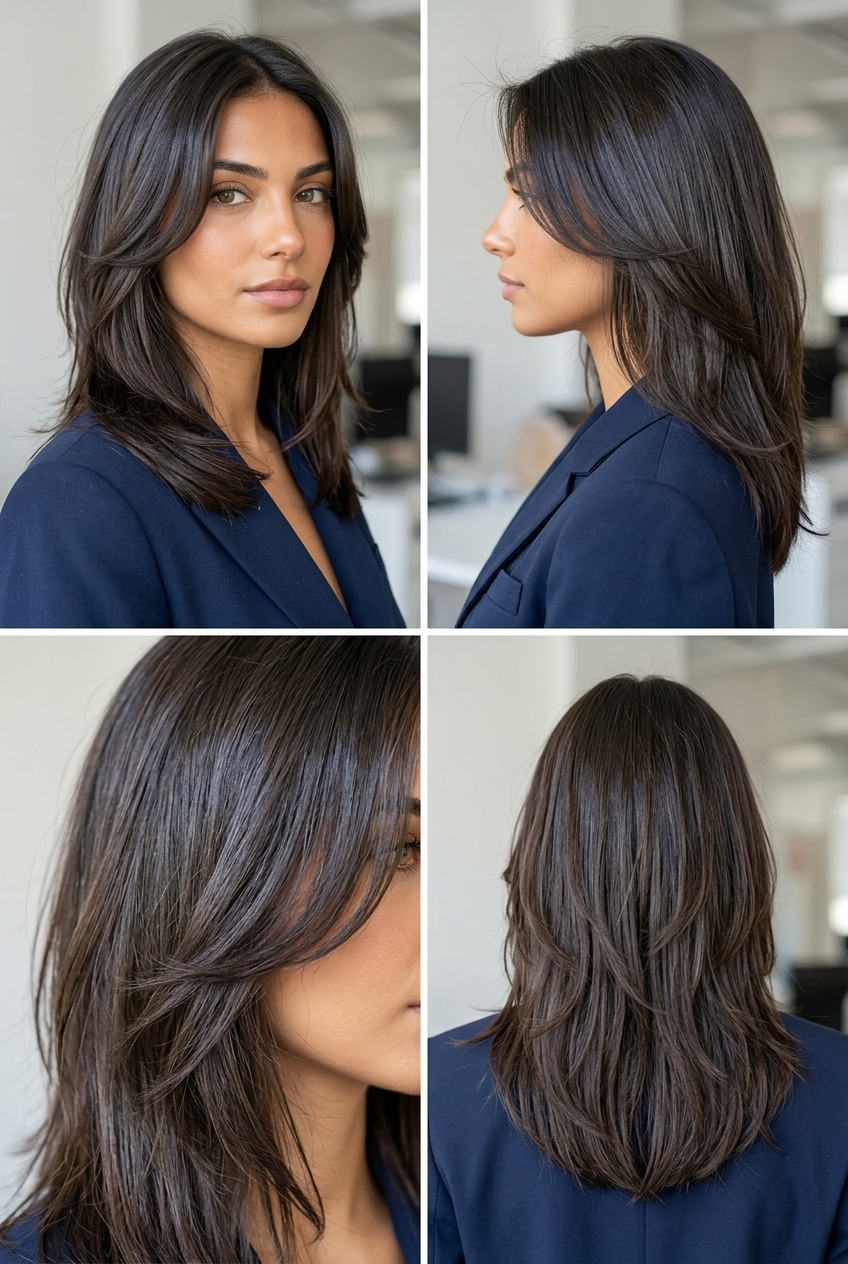 collarbone-length dark brunette kitty cut with cool undertones, soft face-framing layers for summer