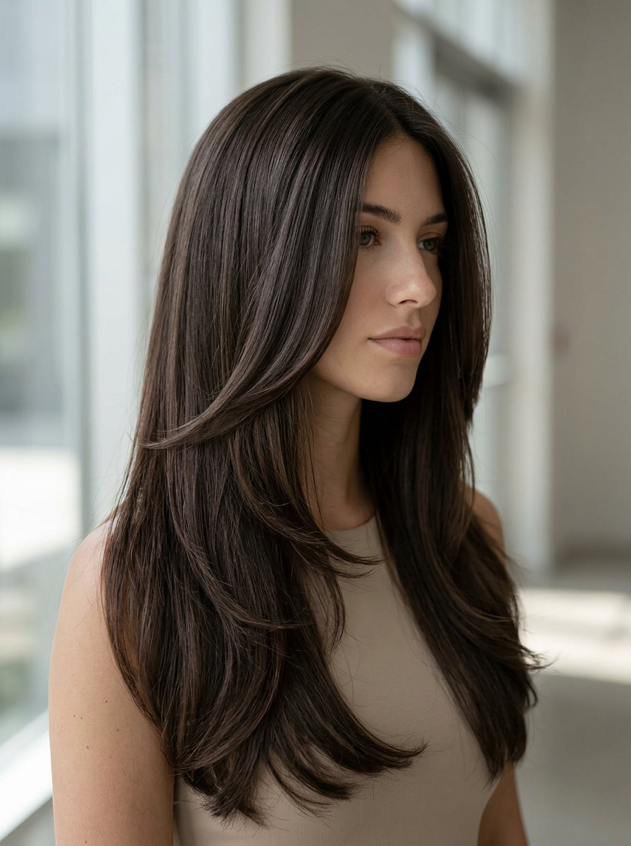 long butterfly haircut in dark chocolate brunette with cool espresso undertones for summer