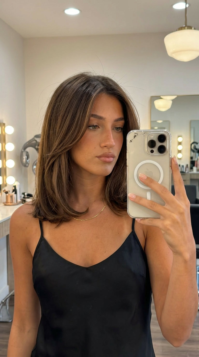 Dark Chocolate Face-Framing Brunette 2026 long dark chocolate face-framing ribbons with rich mocha dimension for summer