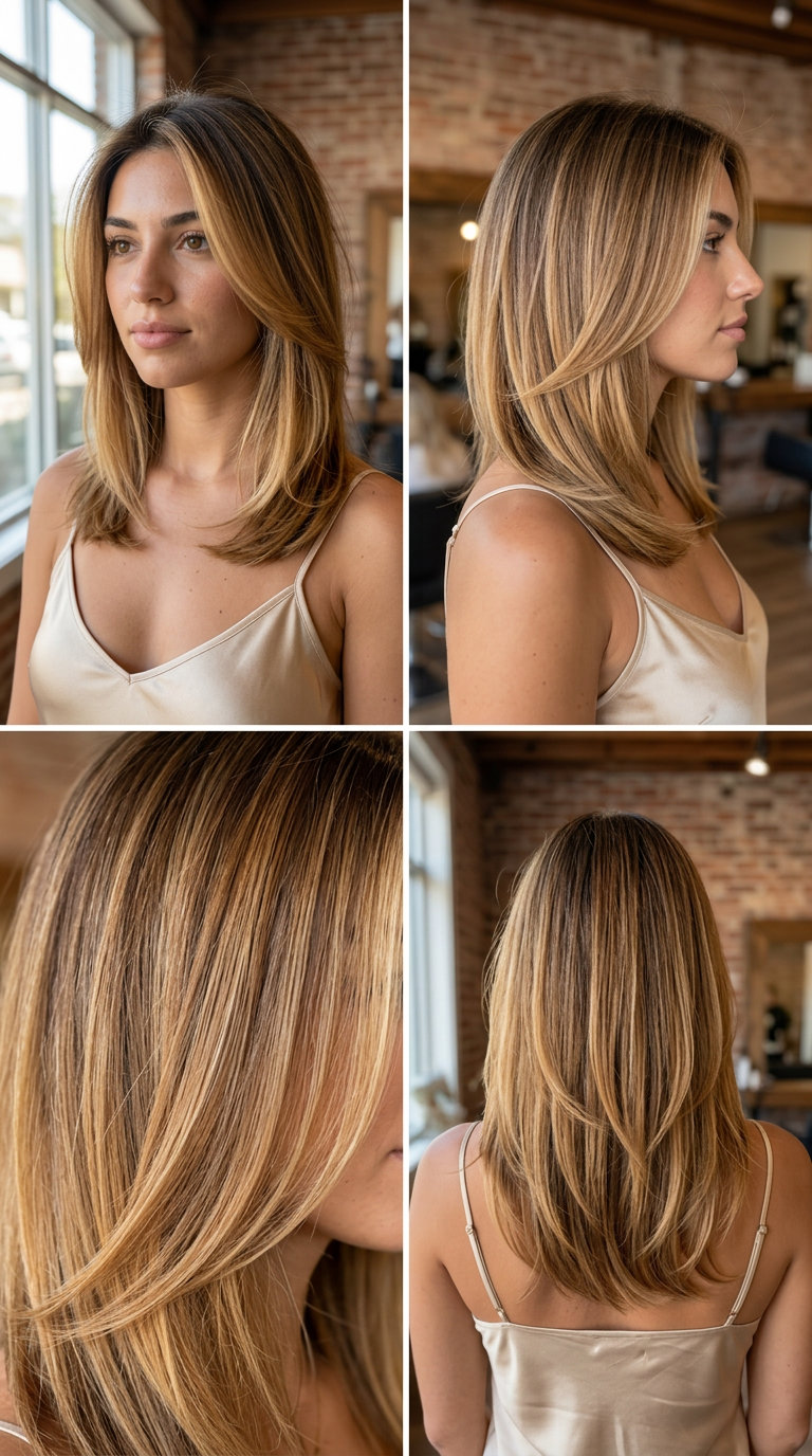 medium-length layered cut with dark honey root smudge to warm honey blonde, seamless blend — natural, effortless
