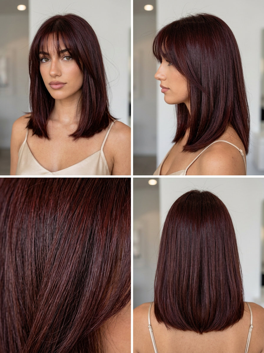 collarbone-length blunt cut auburn hair with deep mahogany color, wispy Birkin bangs for retro chic