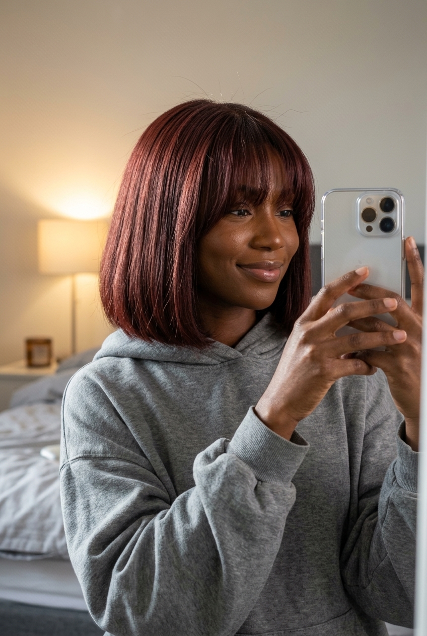 neck-length deep auburn Italian bob with blunt curtain bangs, mahogany undertones for retro look