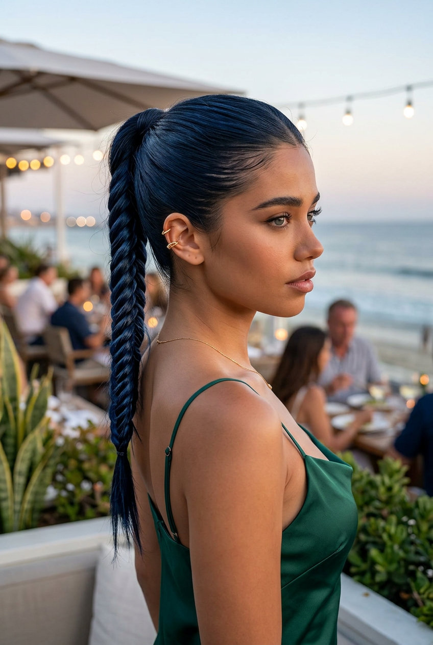 long deep black fishtail ponytail with inky blue reflection and high shine for date night