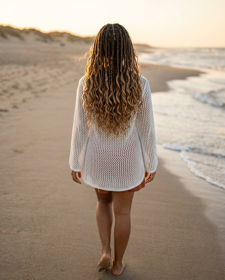 long knotless braids with deep brown base and warm highlights in human hair curls for festival