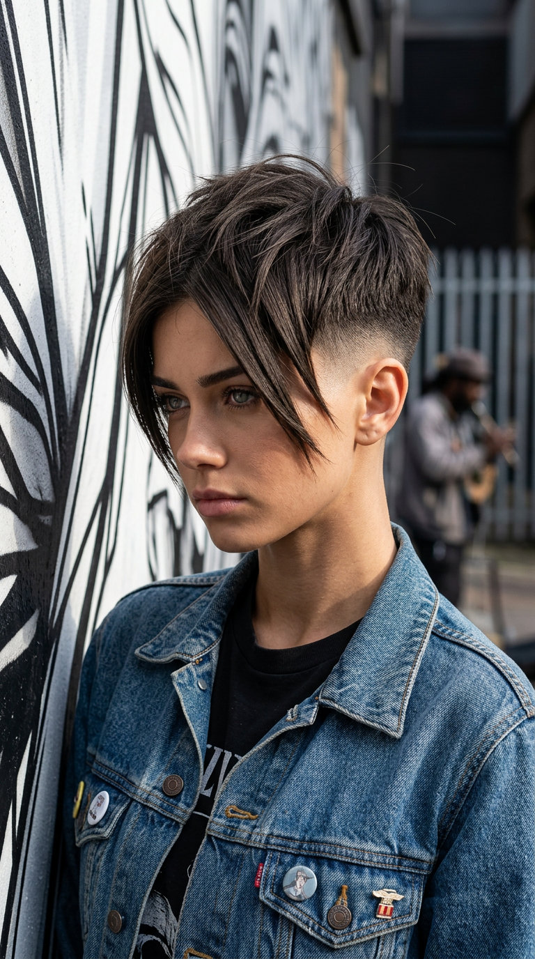 short deep brown pixie with cool ash undertones and asymmetrical face-framing for edge