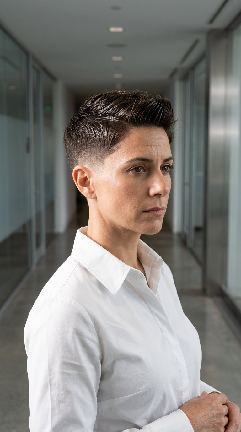 short pixie haircut with deep brown natural color and clipper fade for a professional look
