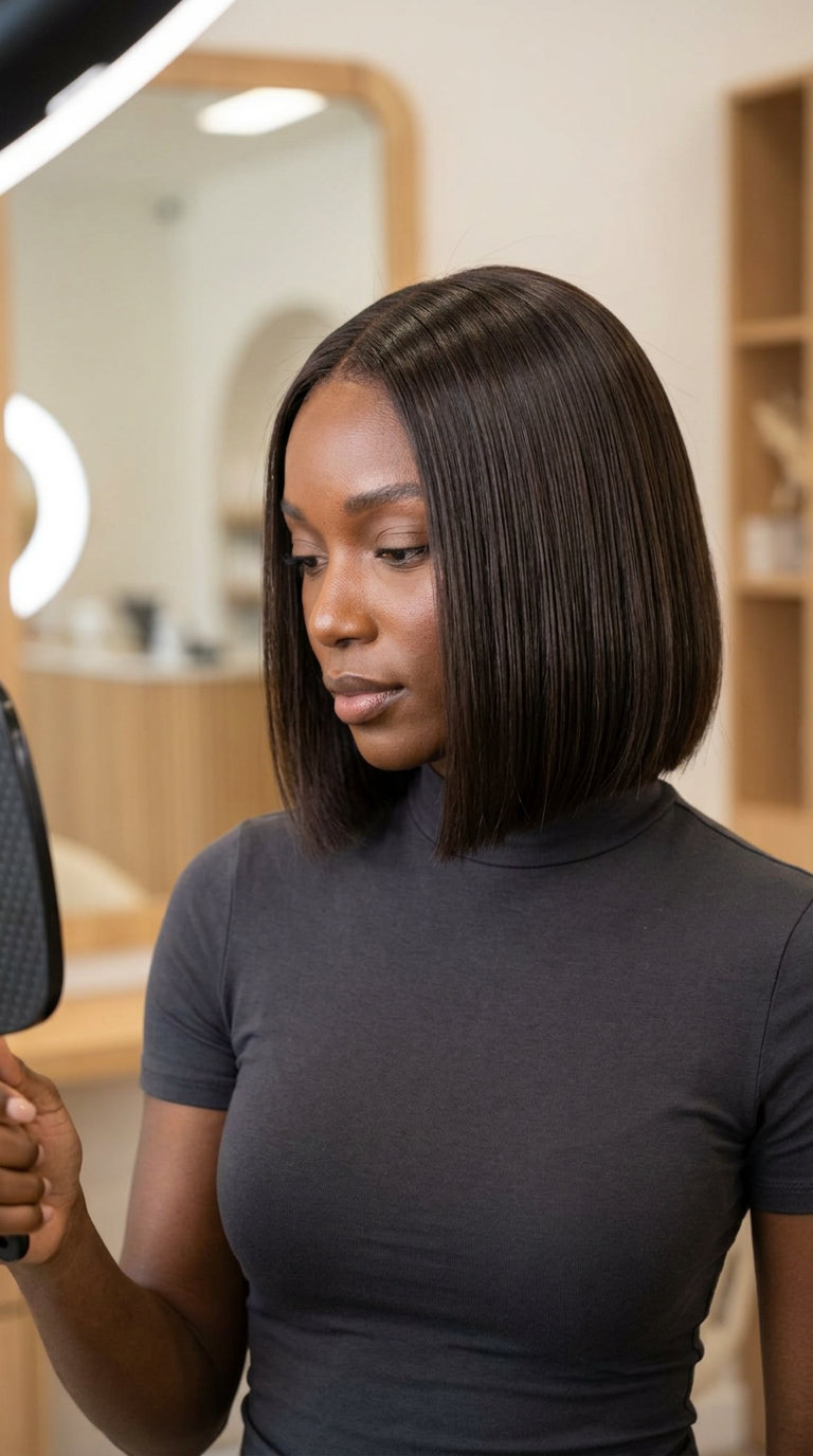 chin-length blunt bob with deep neutral brunette, high-gloss finish — sophisticated luxurious look