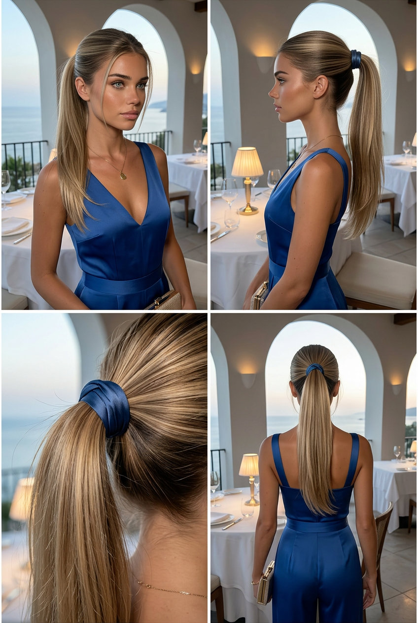 deep brunette high ponytail hairstyle 2026 with ribbon wrap, smooth technique, no fringe — sophisticated and classic
