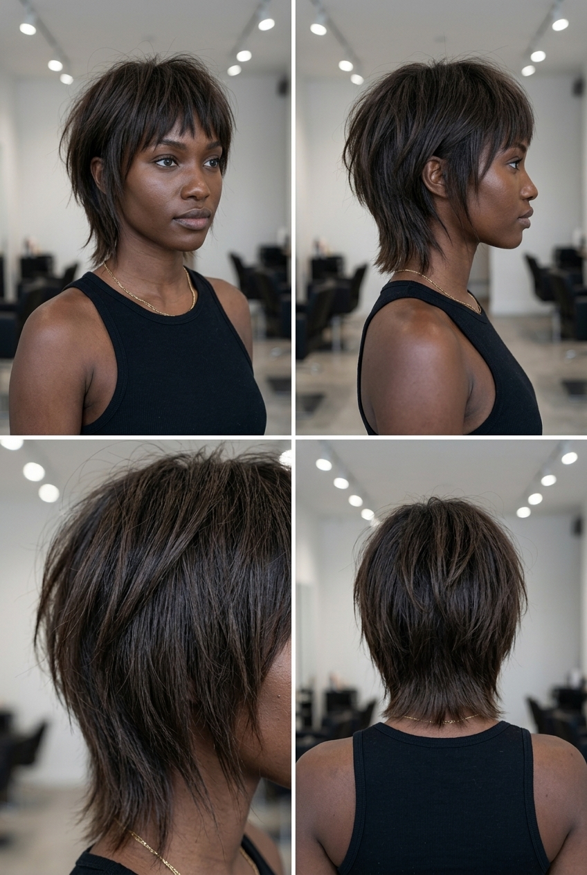 Edgy Urban Shag Haircut 2026 short textured shag haircut with deep cool brunette, razored layers, choppy fringe — edgy daily wear