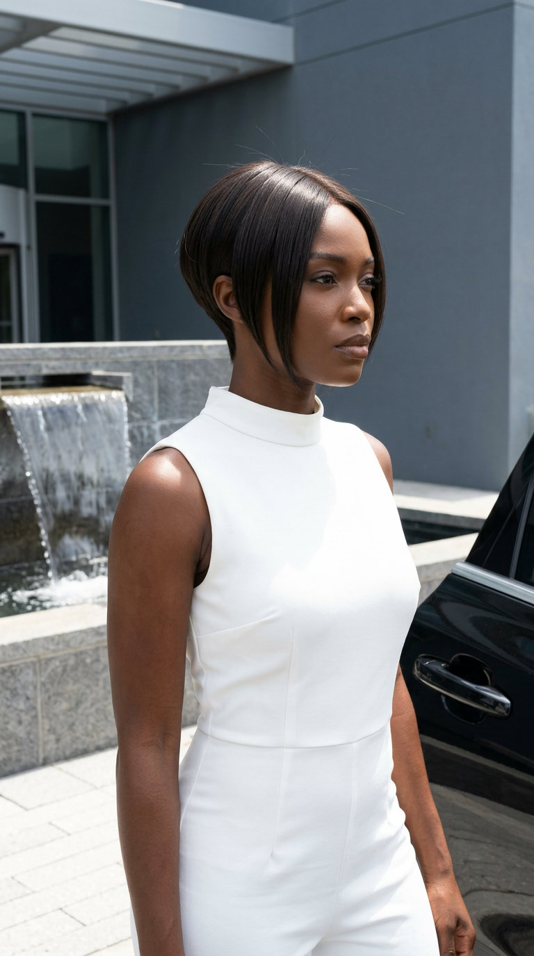 very short deep brunette pixie with sculpted face-framing and tapered nape for sophistication
