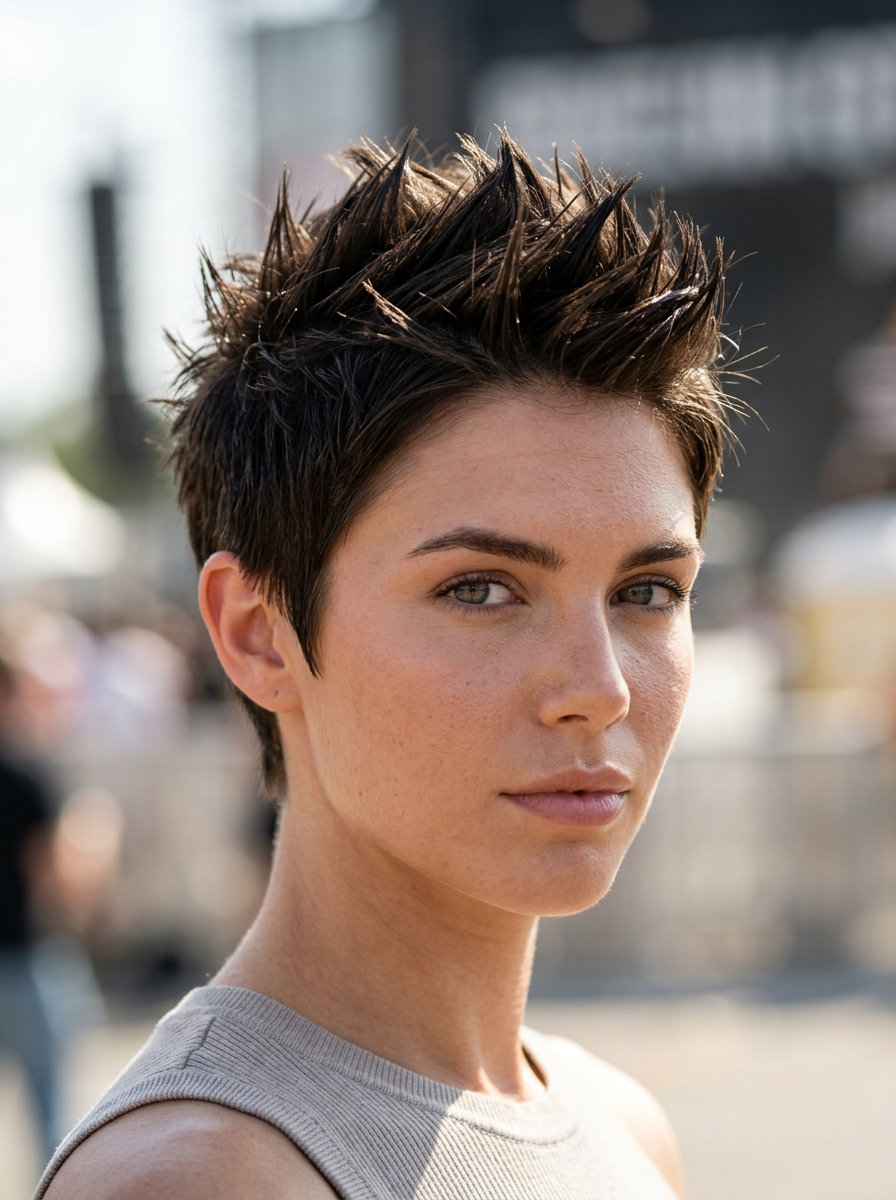 very short pixie haircut in deep espresso brown with cool undertones, buzzed sides, for summer