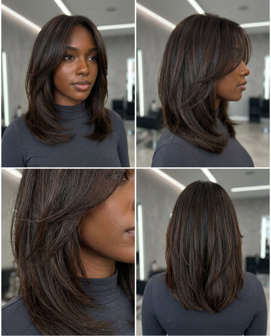 long butterfly bob in deep espresso, blended fringe, feathered layers — trendy