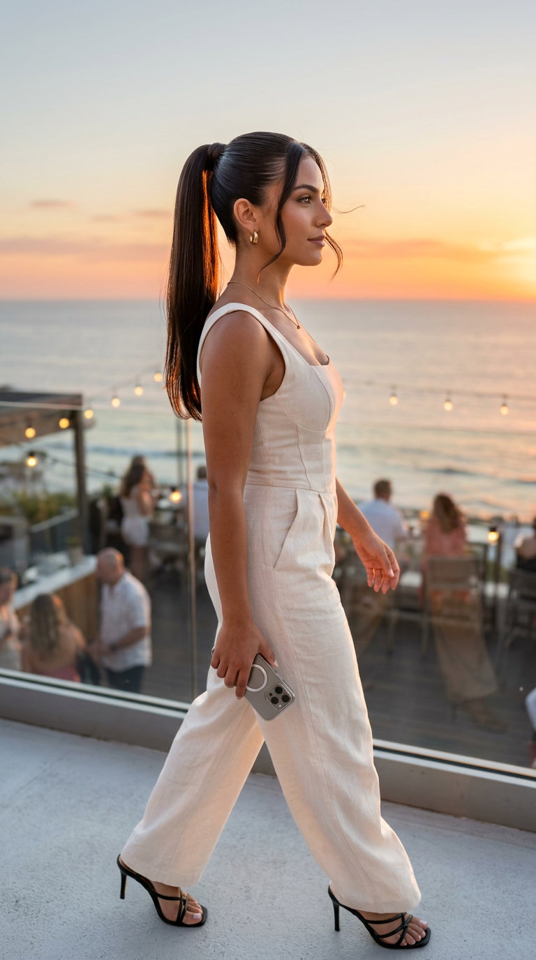 Sleek Glass-Finish Palm Pony 2026 long deep espresso hair with glass-finish high ponytail for professional events