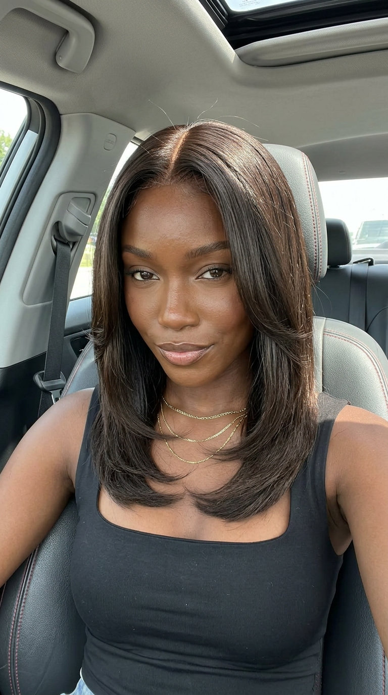 long layered face-framing haircut in deep espresso with sculpted layers for summer