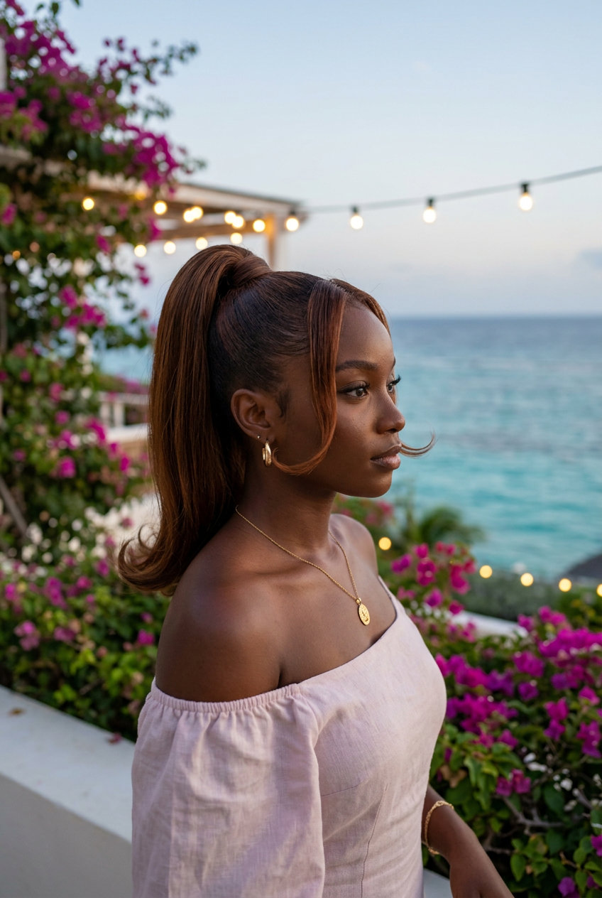 long deep espresso ponytail with soft face-framing curls and auburn undertones