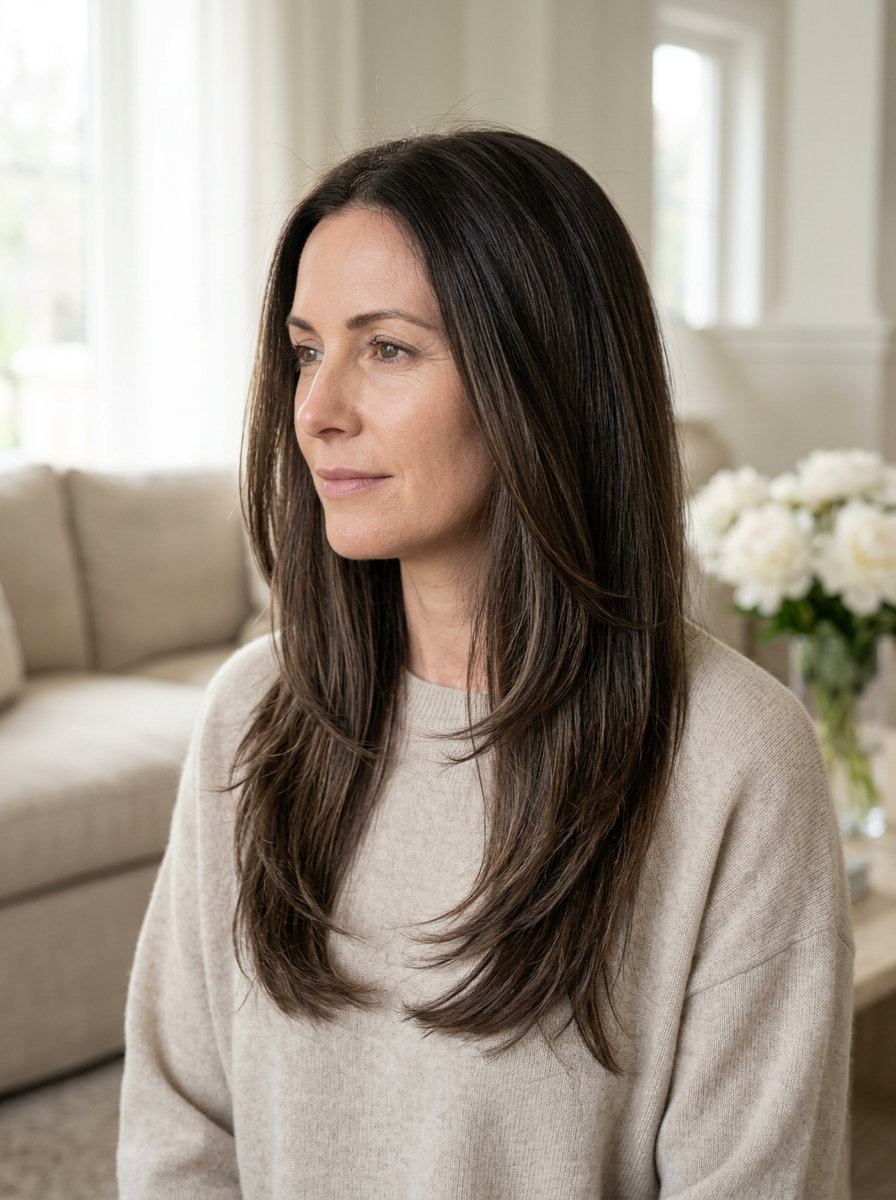 long haircut with deep espresso color and subtle teasylights for a luxurious look
