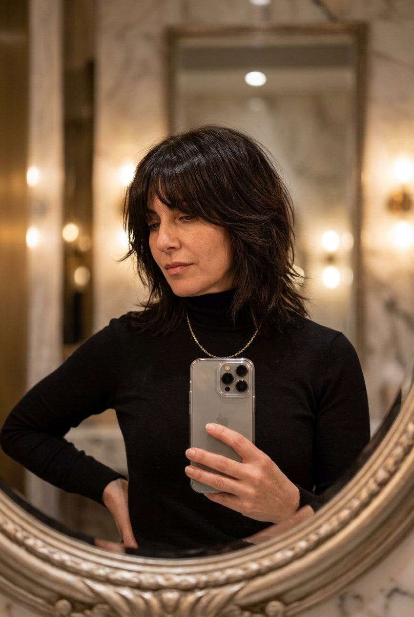 mid-length shag haircut with deep espresso hair, choppy layers, and curtain bangs for summer