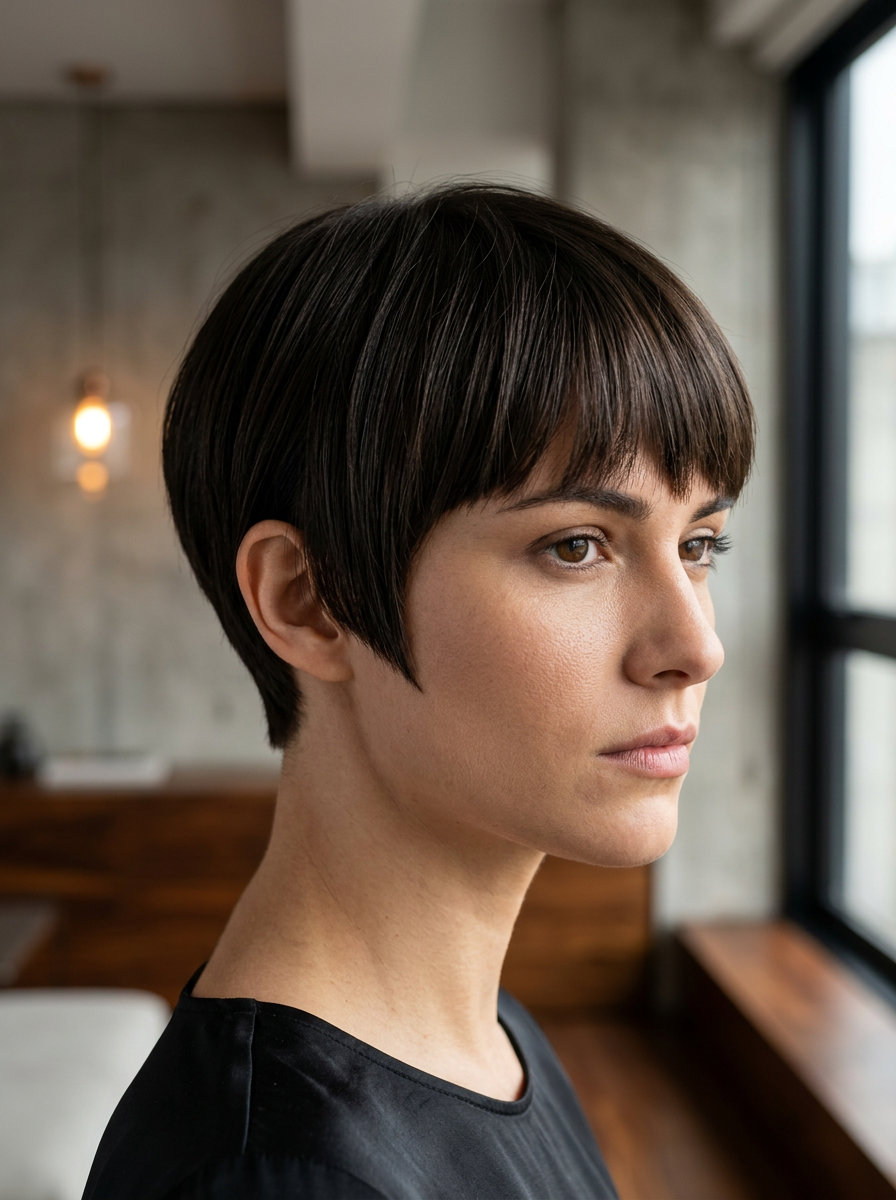 very short pixie haircut in deep espresso brunette with violet undertones, blunt cut, micro-fringe — minimalist summer
