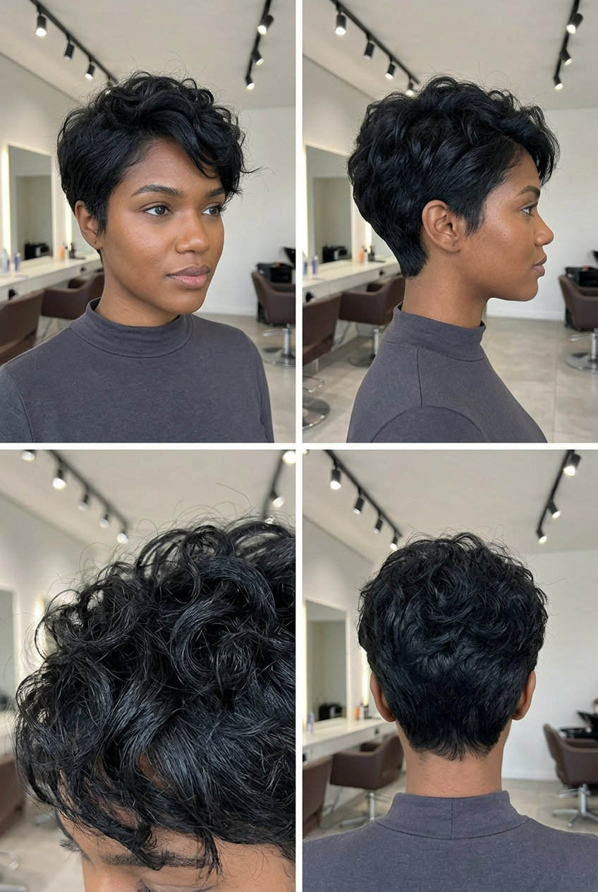 very short pixie haircut in deep natural black with high sheen, layered texture, for summer