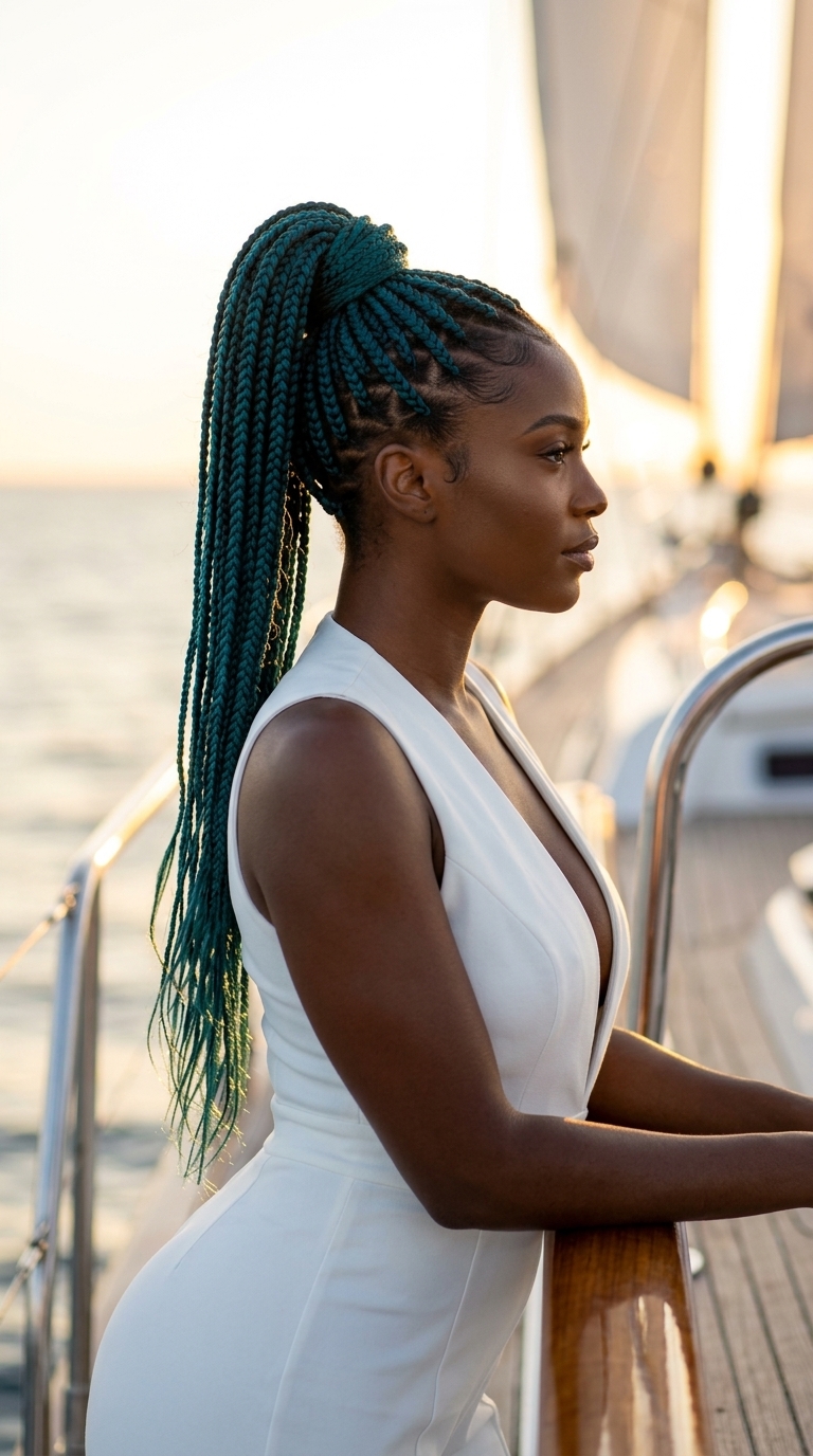 long deep teal braided ponytail with sapphire blue emerald undertones, sleek confident finish for night out