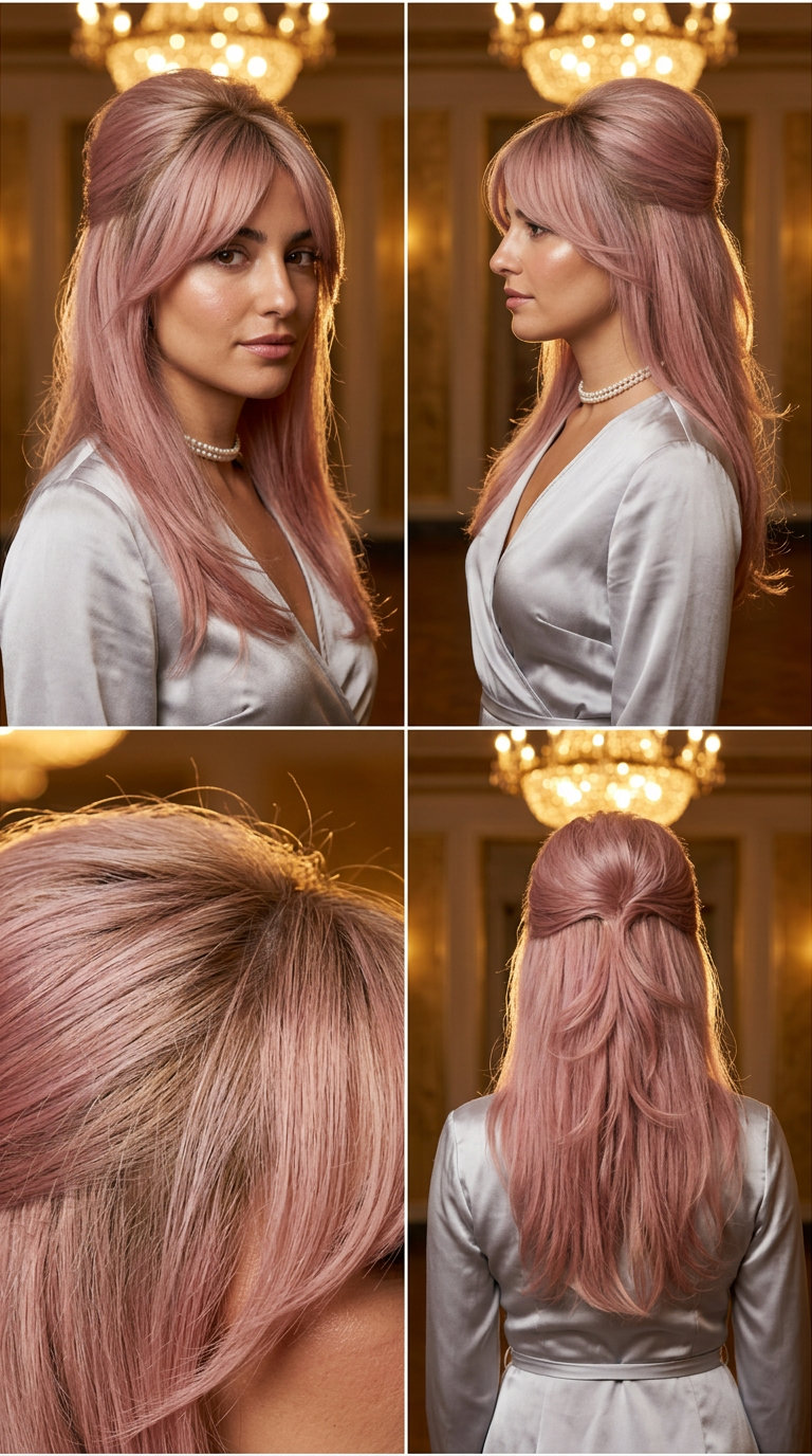 medium-long muted pastel pink half up half down with soft blonde root, bouffant volume, curtain bangs — romantic cocktail party
