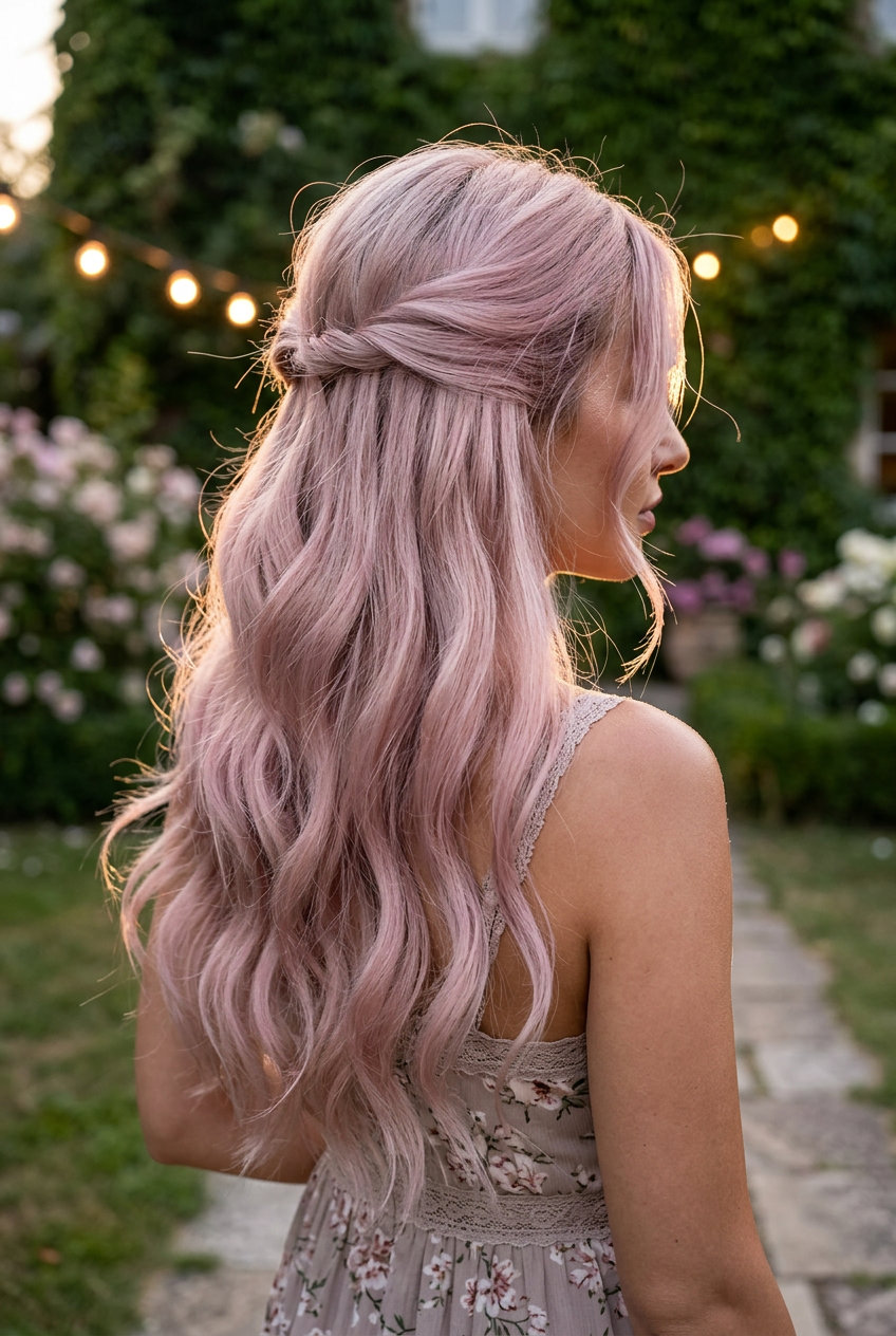 long layered half-up with dusty rose pastel pink, soft waves, face-framing tendrils — dreamy bohemian style