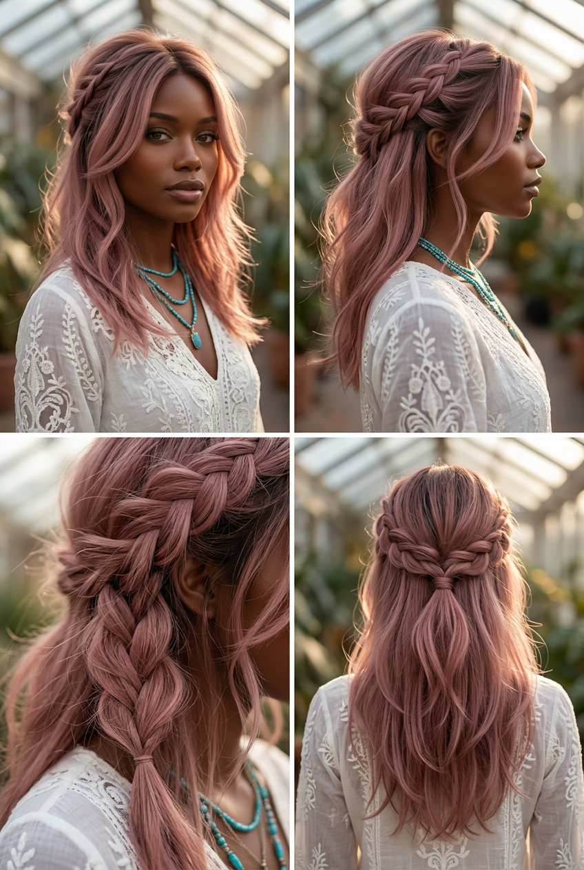 medium-long layered half-up with dusty rose pastel pink, loose braid, face-framing pieces — bohemian romantic style