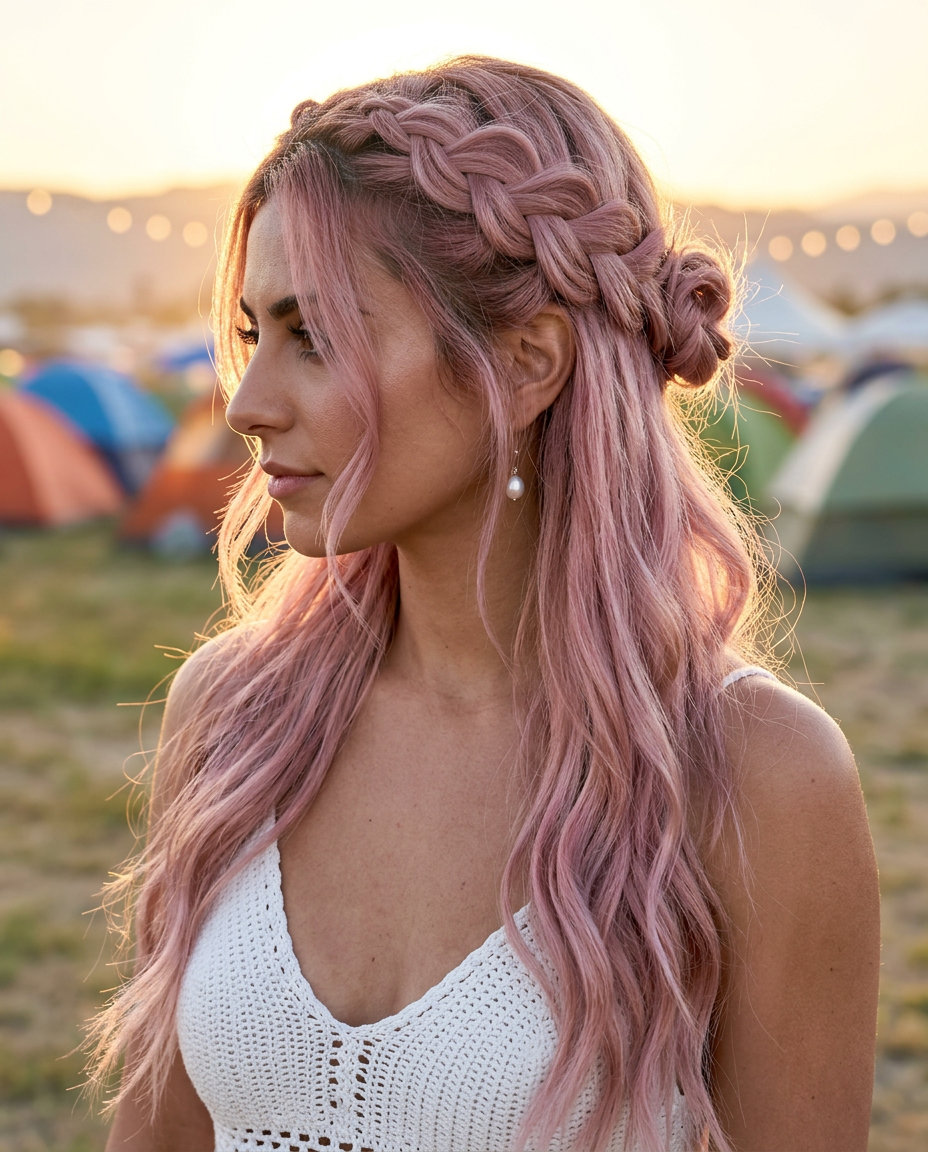 extra-long layered half up half down with muted dusty rose quartz color, braided crown for festival