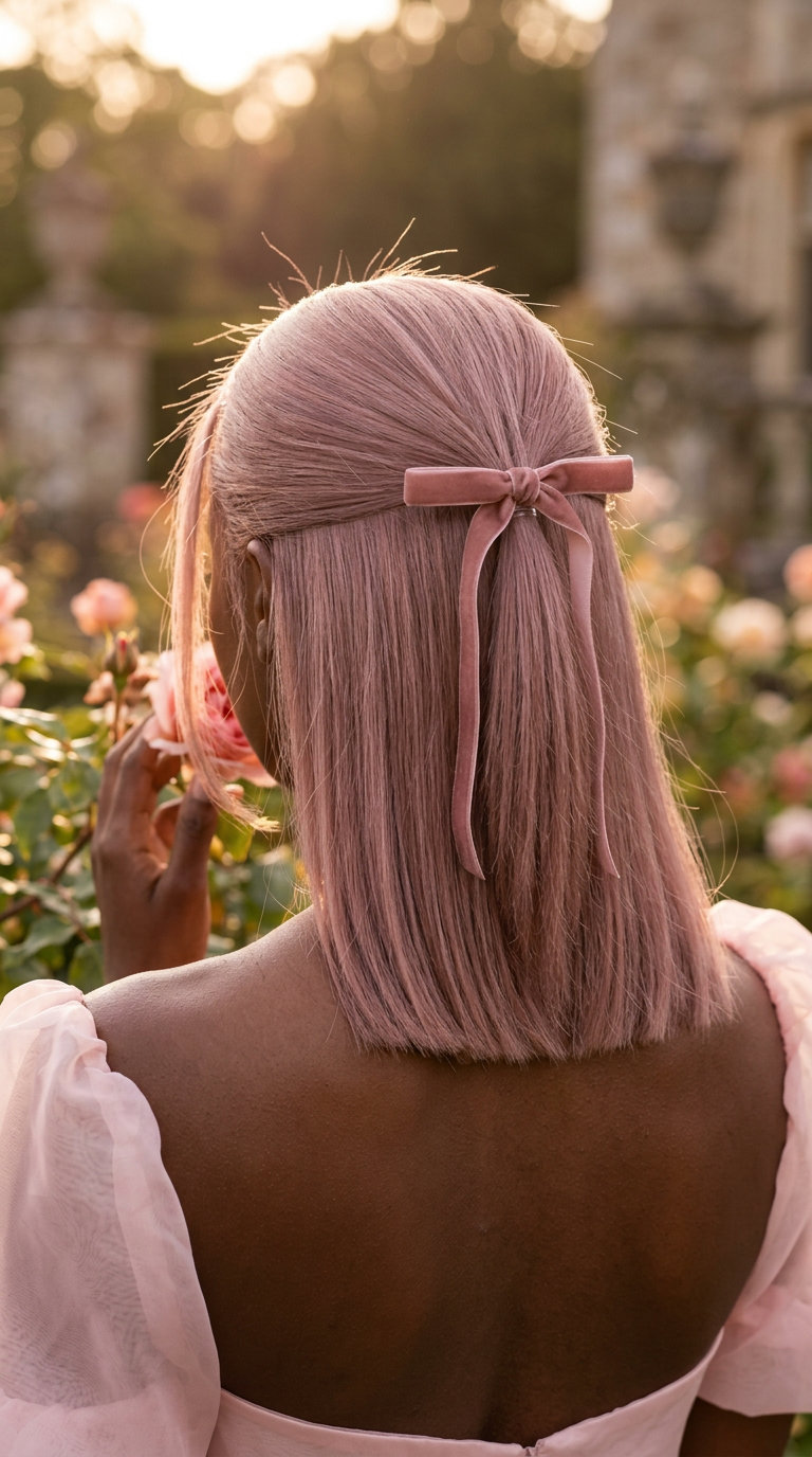shoulder-length blunt half up half down with dusty rose quartz color, sleek for casual date