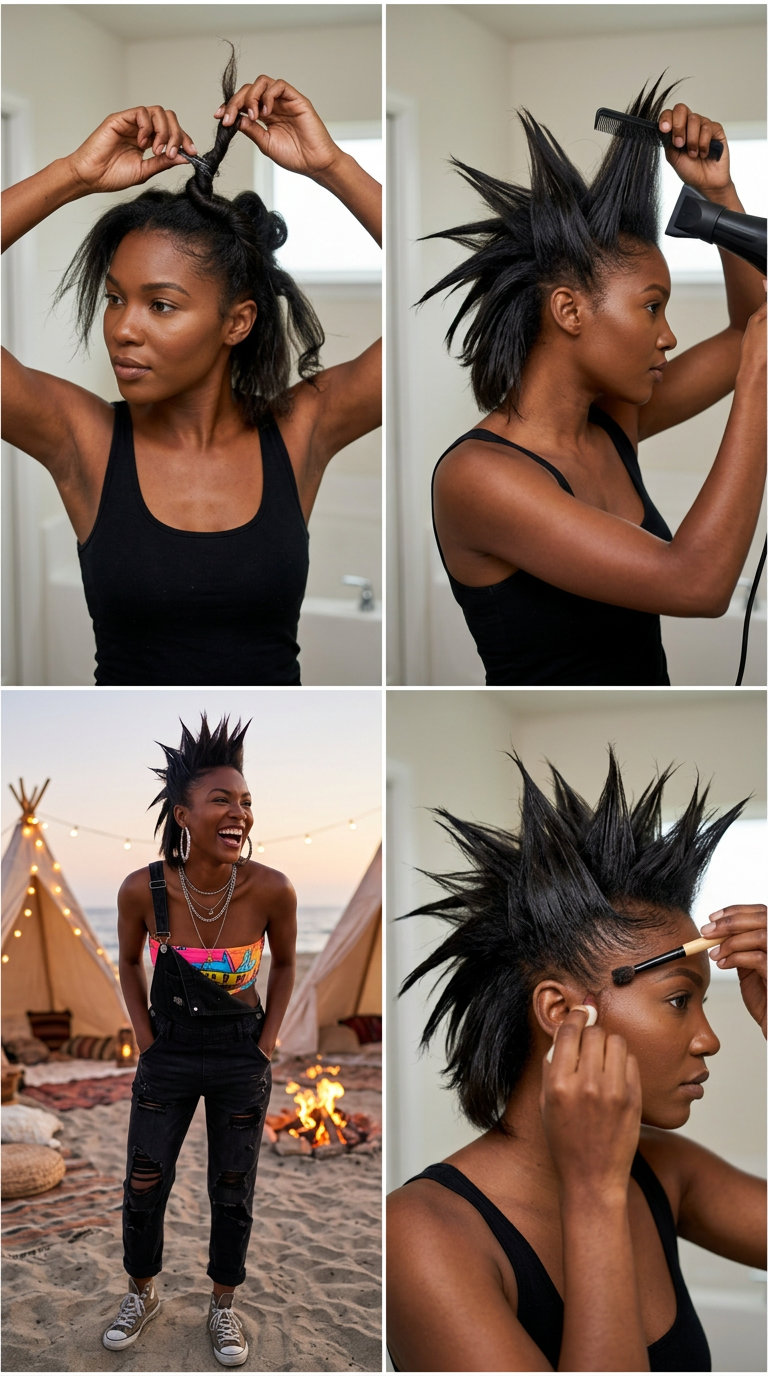 short undercut mohawk haircut with electric blue color, spiked texture, and rebellious mood for summer
