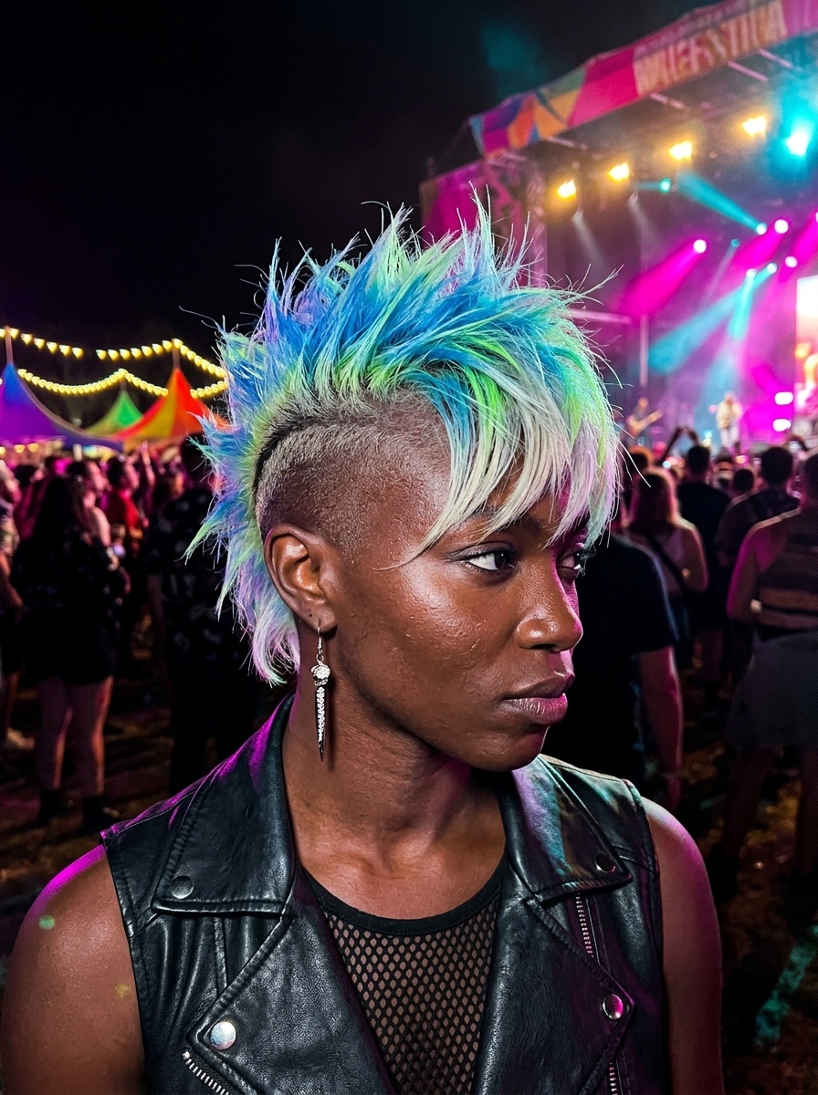 short undercut hairstyles with electric blue, neon green, spiky texture, side-swept fringe — edgy festival look