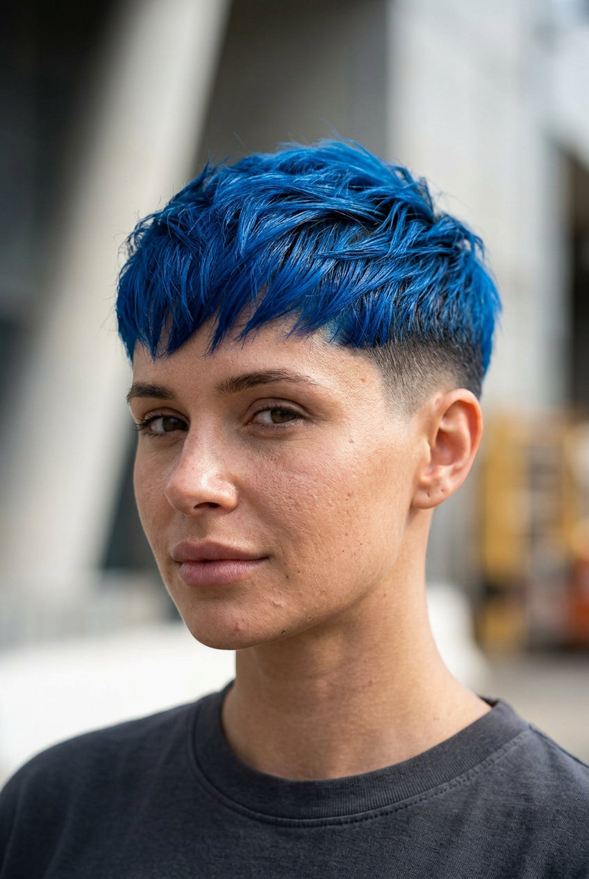 very short pixie haircut in electric blue with sapphire fade, dramatic skin fade, piecey texture — futuristic vibe