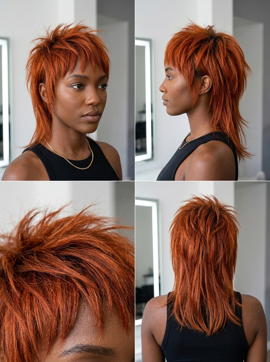 Punk Rock Shullet: Bold Copper Hair 2026 medium textured shullet with electric copper, razored layers, choppy fringe — edgy music festival
