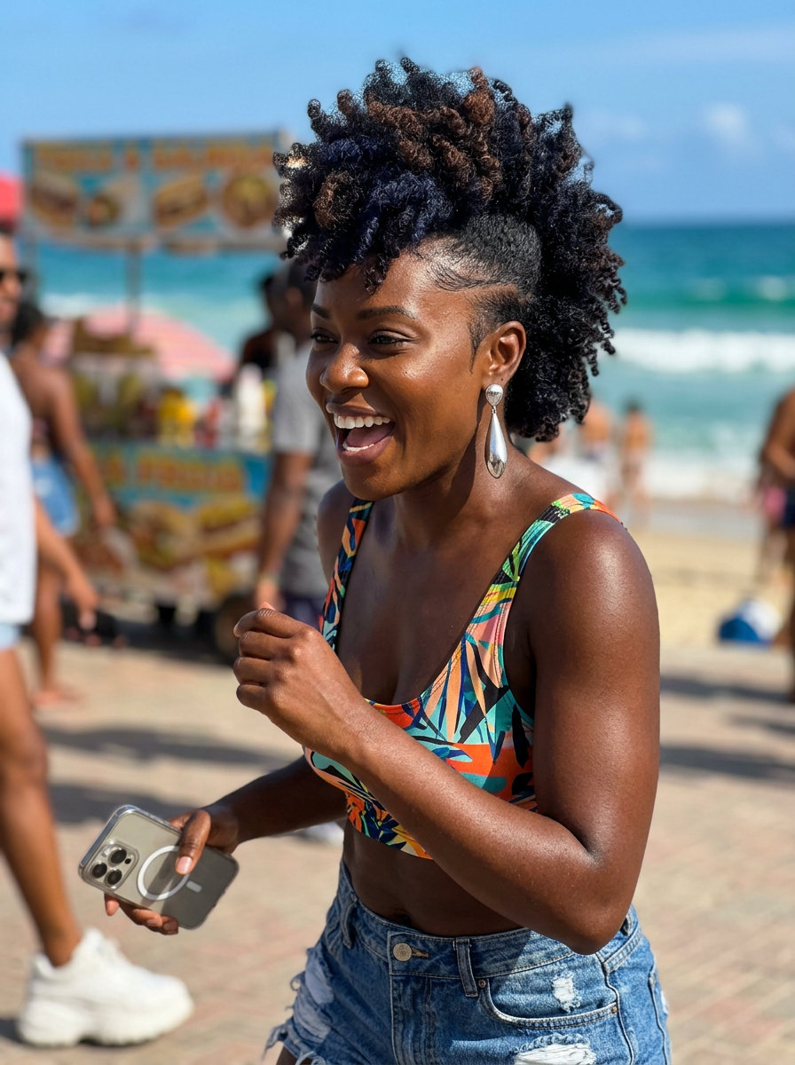 short tapered faux hawk with defined natural curls and electric indigo streaks for summer