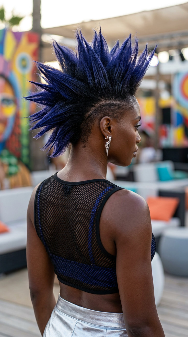 short undercut with electric indigo, sculpted spikes, laid edges — edgy music festival
