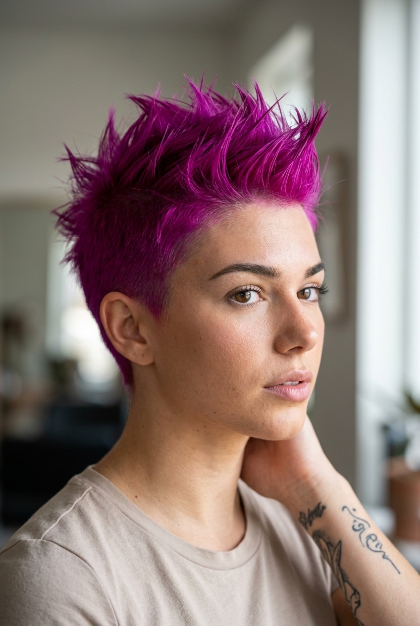 very short pixie haircut in electric magenta, spiked texture, buzzed sides — bold summer