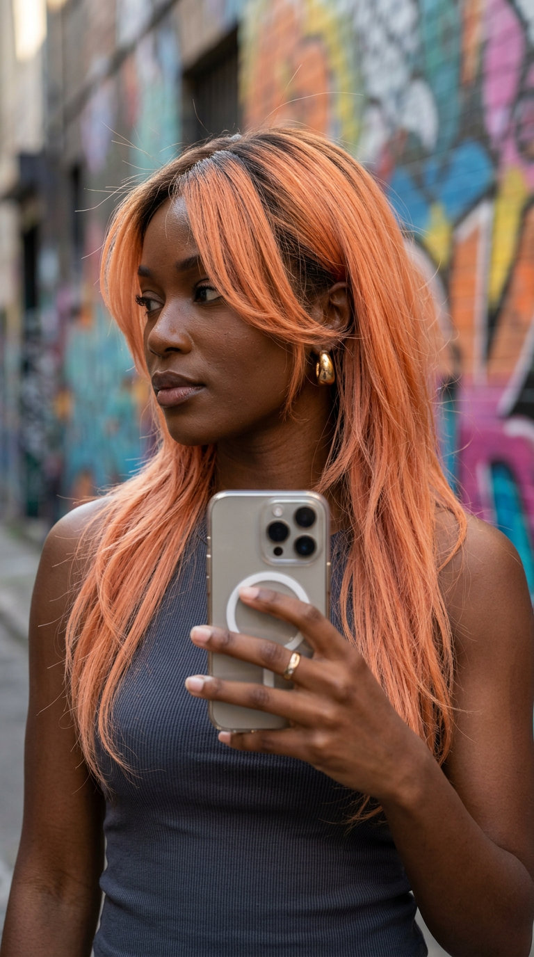 long layered face-framing haircut in Electric Peach with textured layers for summer