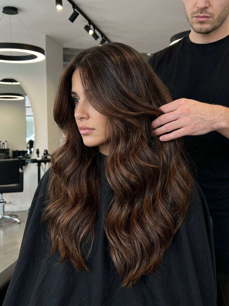 extra-long layered haircut in espresso roast brunette with auburn lowlights, cascading layers and deep side part for summer
