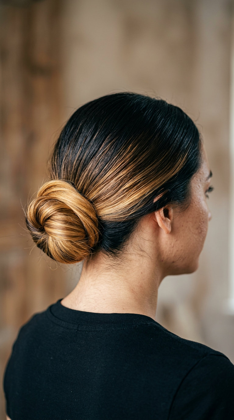 long espresso to buttercream blonde ombré bun with internal layers for chic looks