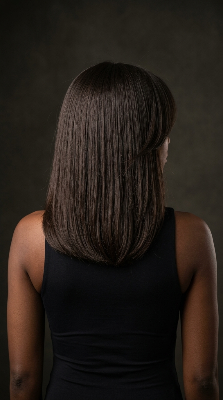 medium espresso brown cut with cool undertones, blunt perimeter, deep curtain bangs — elegant