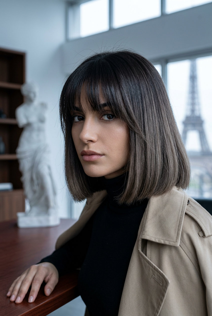 chin-length espresso brunette bob with blunt cut and Birkin bangs for chic style