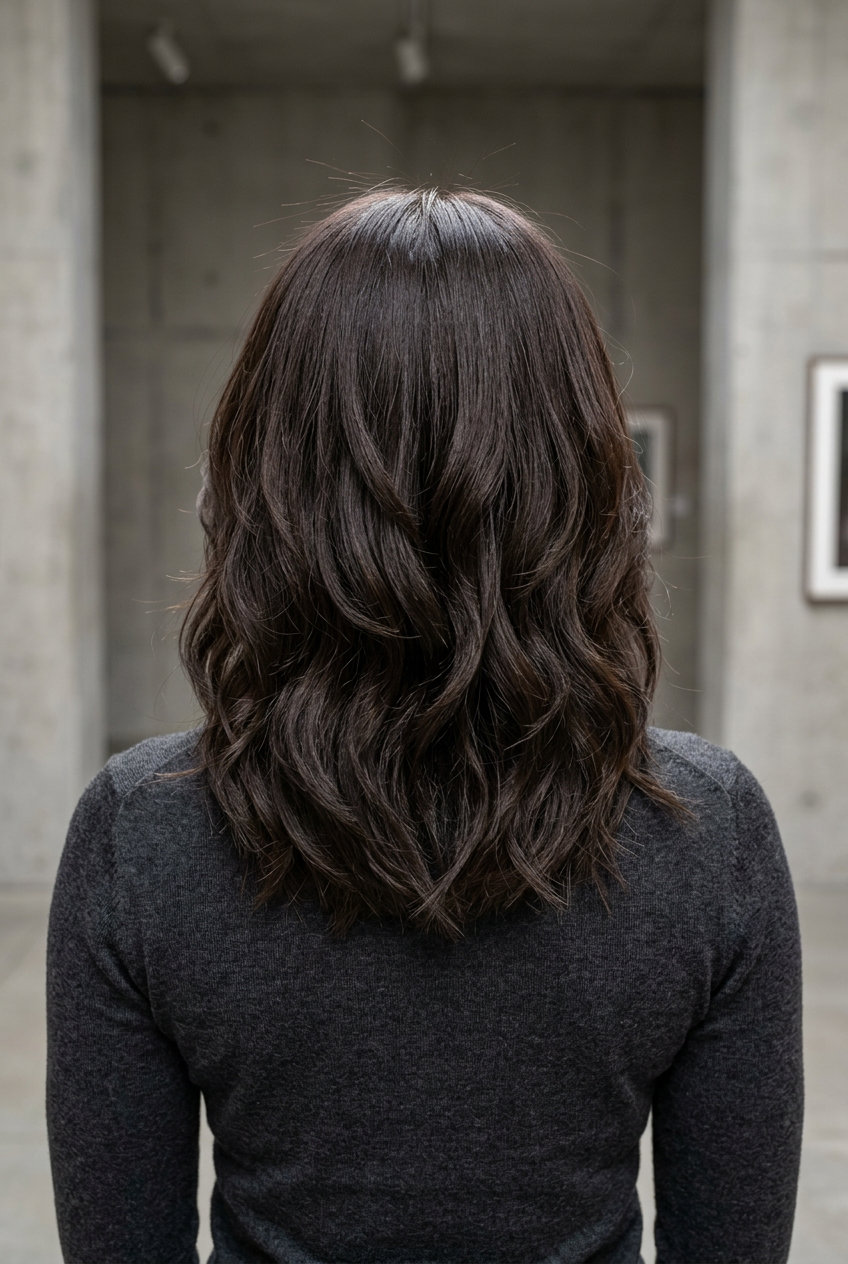 collarbone-length espresso brunette layered cut with seamless layers and soft waves