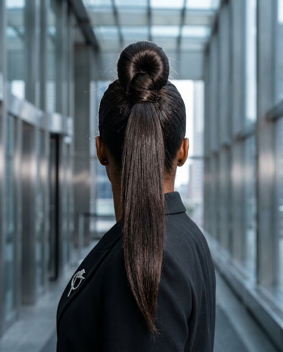 long one-length cut with espresso brunette glaze, sculpted top knot for professional events