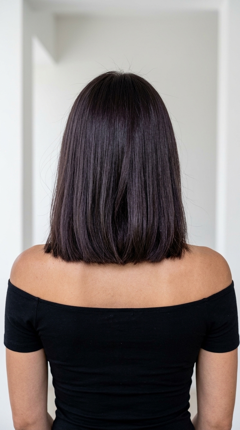 The Amalfi Midi Haircut 2026 medium blunt espresso brunette haircut with violet undertones, no layers, no bangs — minimalist, chic