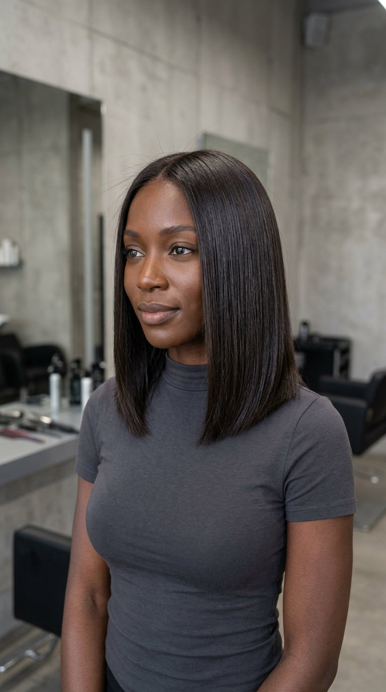 medium deep espresso lob with cool reflects, laser-sharp blunt cut for minimalist chic