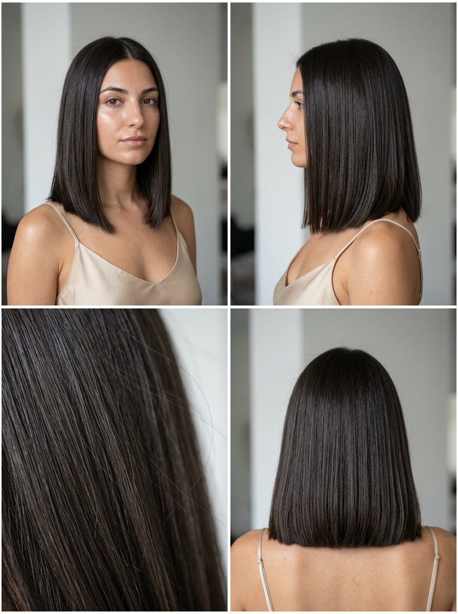 medium blunt lob haircut with deep espresso brunette, cool ash undertones, sharp perimeter — professional