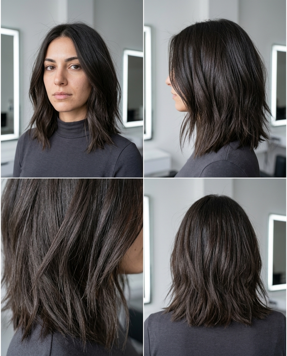 medium choppy lob haircut with deep espresso brunette, cool undertones, razored ends — edgy