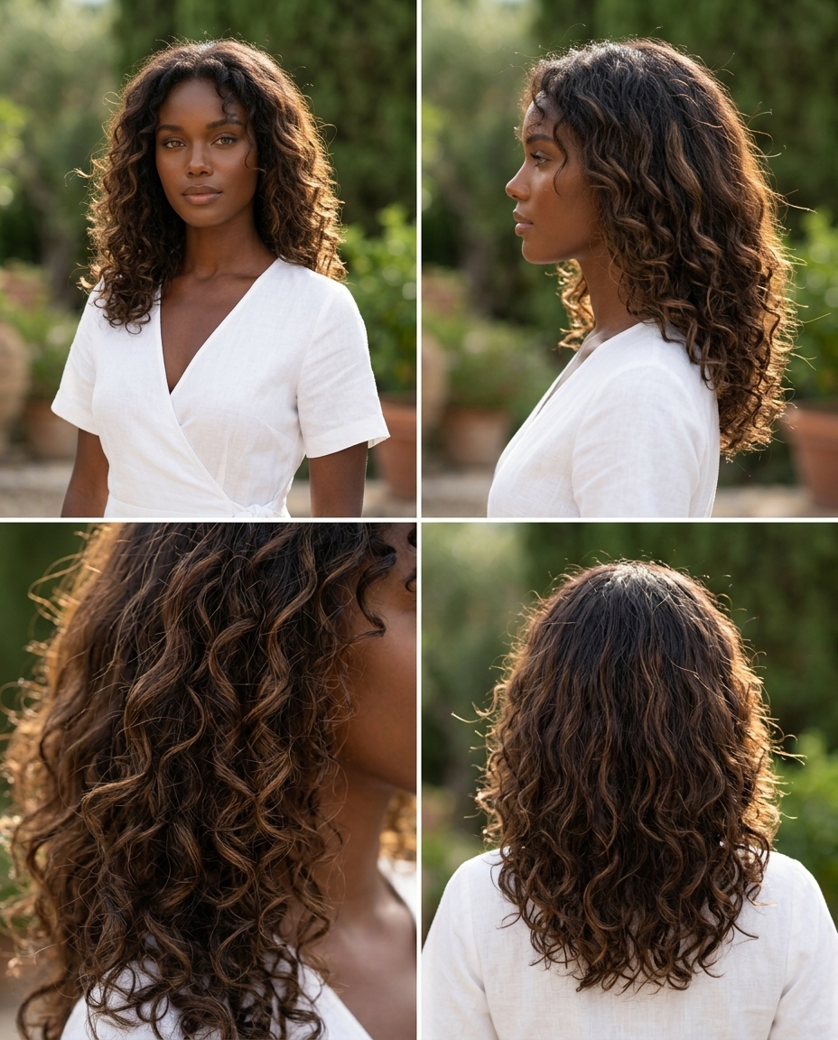 medium-long curve cut warm espresso brunette with caramel lowlights for outdoor activities