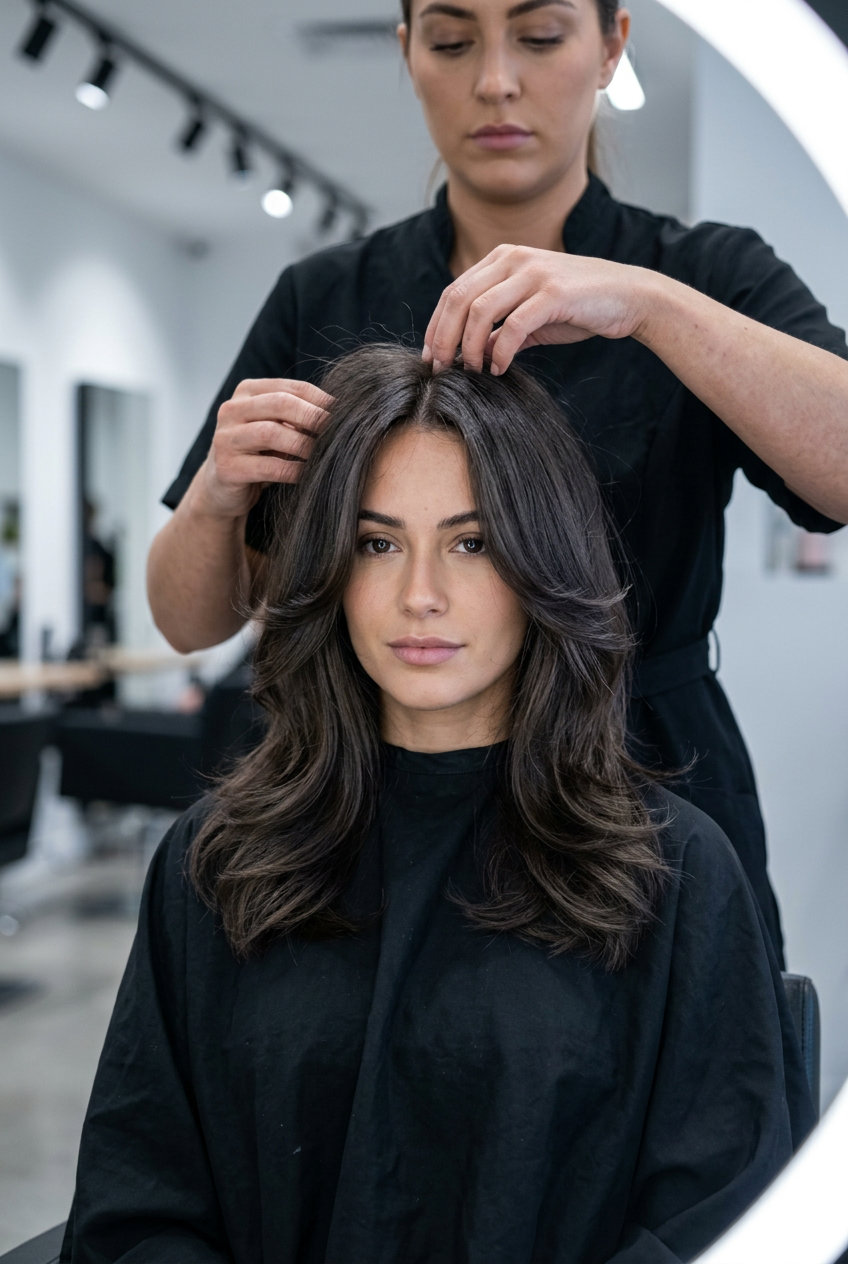 medium-long wolf cut with deep espresso brunette and sculpted waves for retro glam